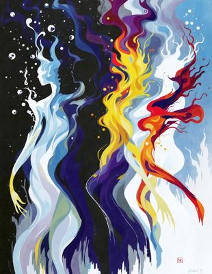 The primary subject of the image is a painting featuring three women. The setting is a black background, and the visual style is an illustration. The colors and mood of the painting are predominantly blue, purple, and yellow, creating a sense of depth and contrast. The women are depicted in various positions, with one on the left, one in the middle, and one on the right side of the painting.